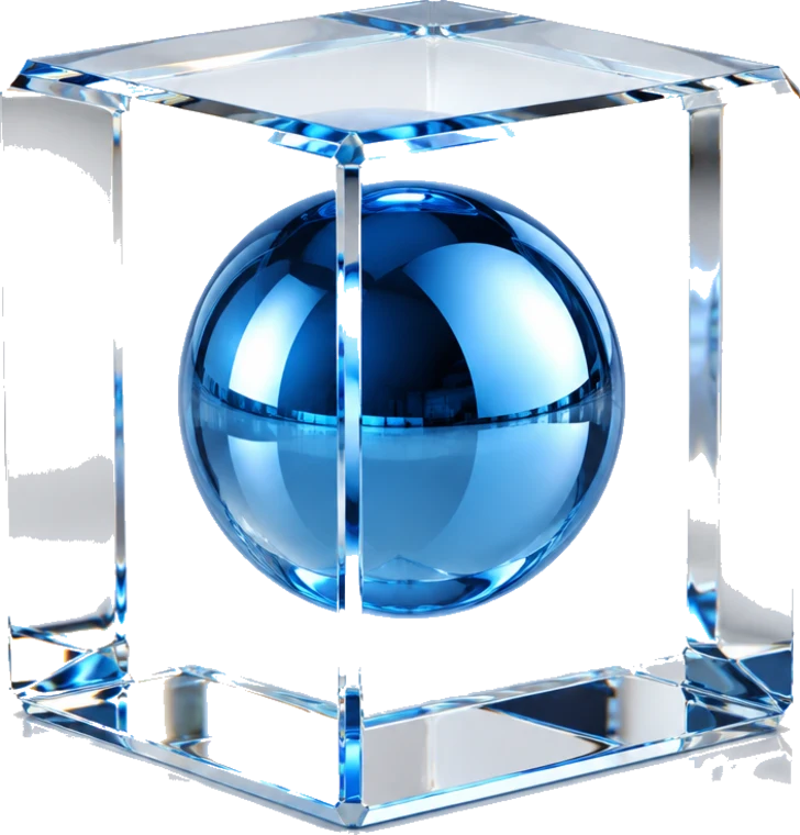 Glass cube containing a blue chrome sphere